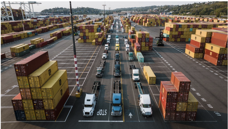 Cảng biển, containers, cần cẩu, xe tải, logistics