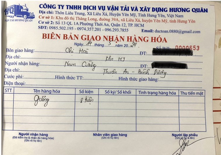 Biên bản giao nhận hàng hoá (ảnh: Hương Quân Logistics)