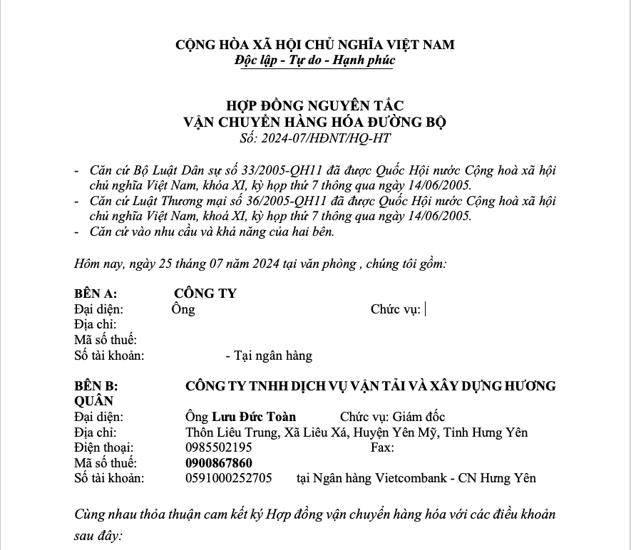 Mẫu hợp đồng vận chuyển Hương Quân Logistics