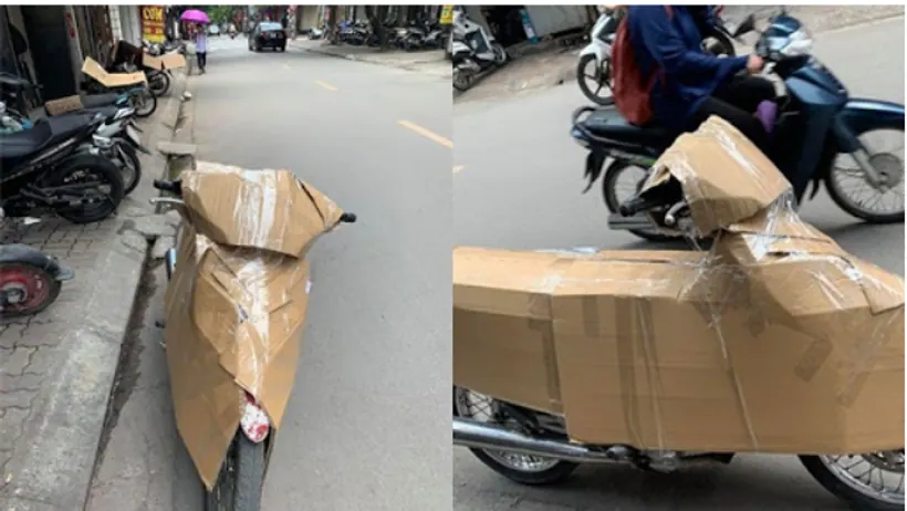 Các thùng hàng được chằng trên xe máy tại điểm lấy hàng